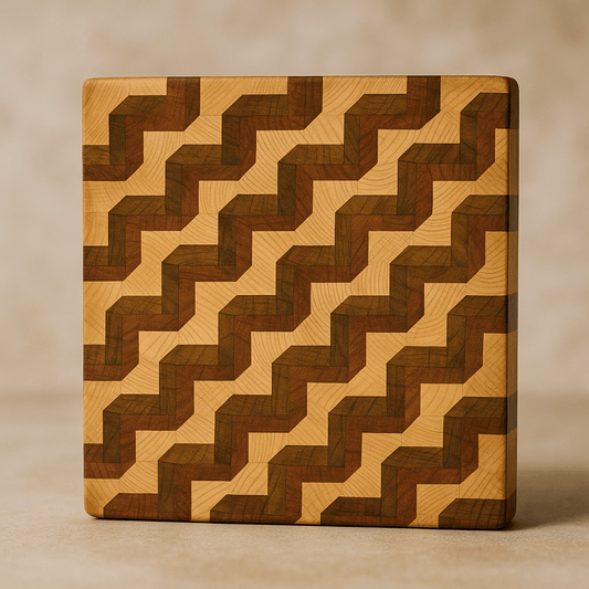 Handcrafted 3D geometric patterned wooden cutting board with maple and walnut inlay