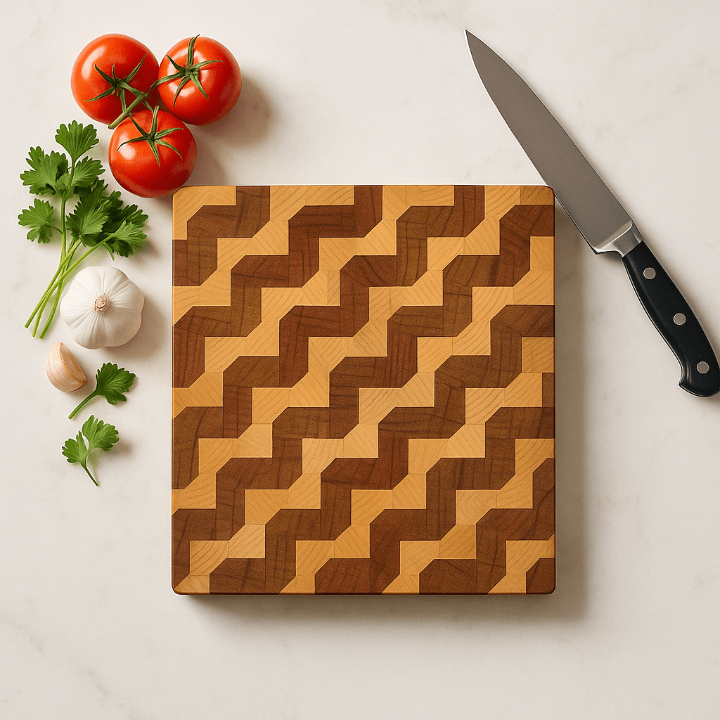 Geometric patterned wooden cutting board beside fresh tomatoes, garlic, parsley, and a chef's knife on marble surface