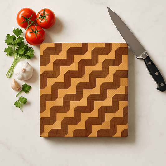 Geometric patterned wooden cutting board beside fresh tomatoes, garlic, parsley, and a chef's knife on marble surface