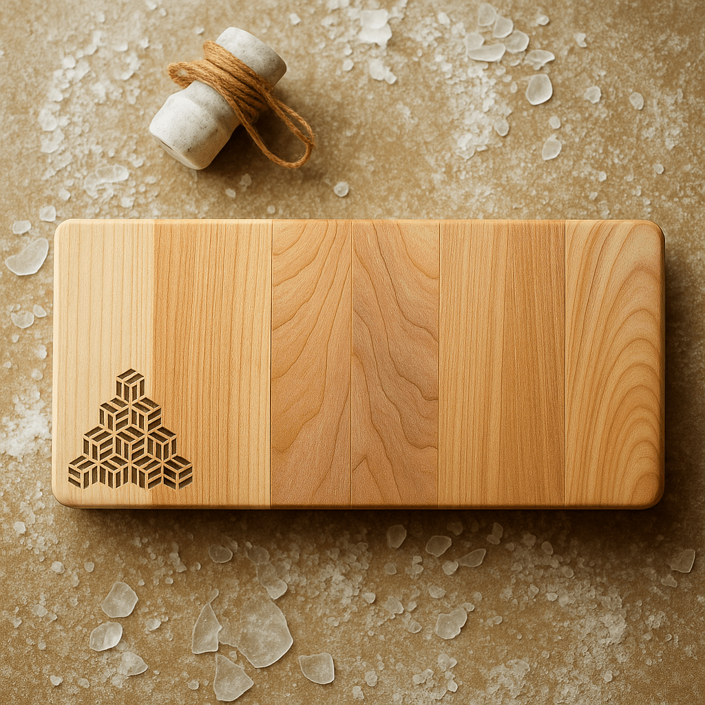Handmade wooden Tessera artisan serving board with geometric cube design on light stone surface