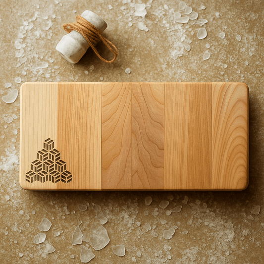 Handmade wooden Tessera artisan serving board with geometric cube design on light stone surface