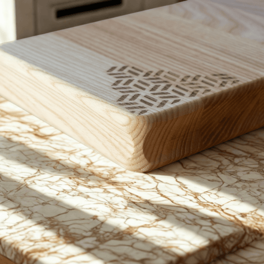 Close-up of a handcrafted wooden serving board with geometric inlay on marble surface in natural light