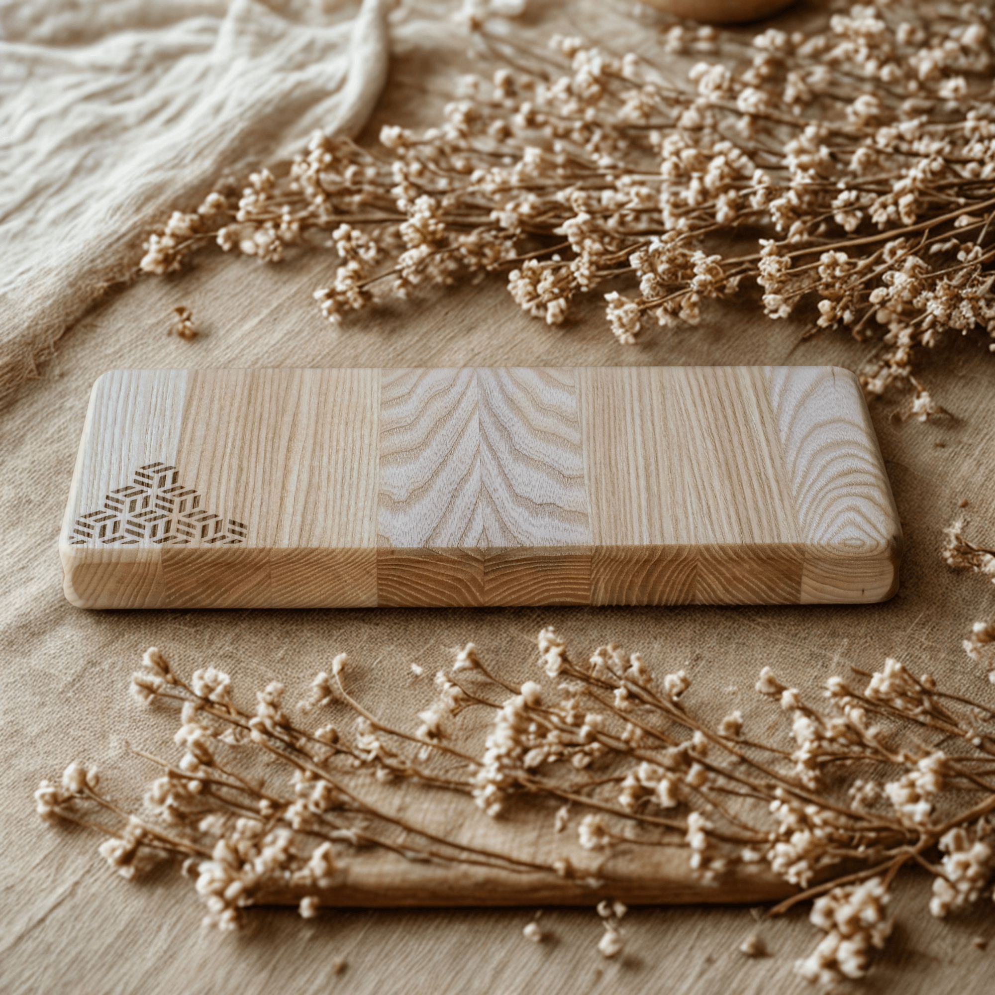 Tessera Artisan wooden serving board with geometric pattern, surrounded by dried flowers on fabric
