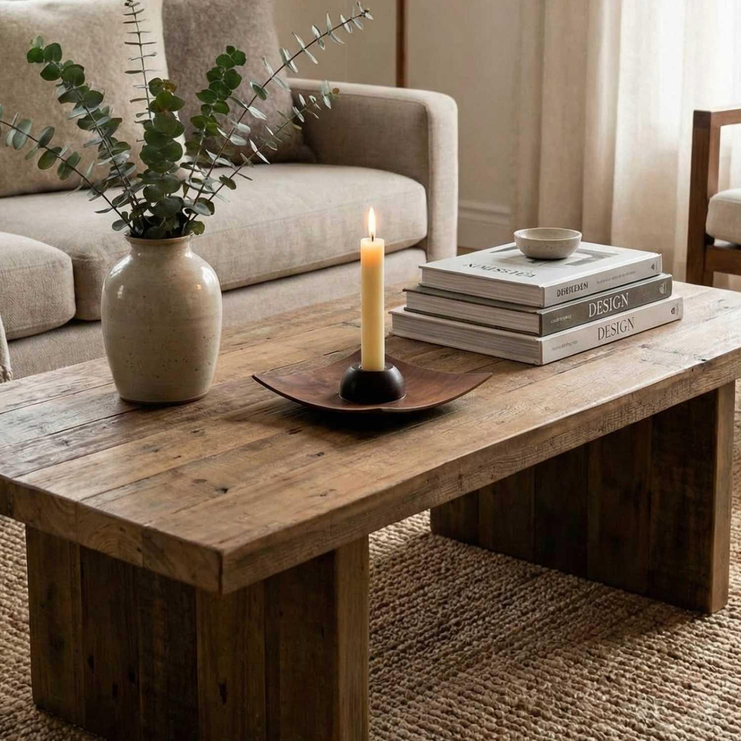 Handmade wooden coffee table with a lit candle in a bent wood holder, ceramic vase with eucalyptus, and stacked design books