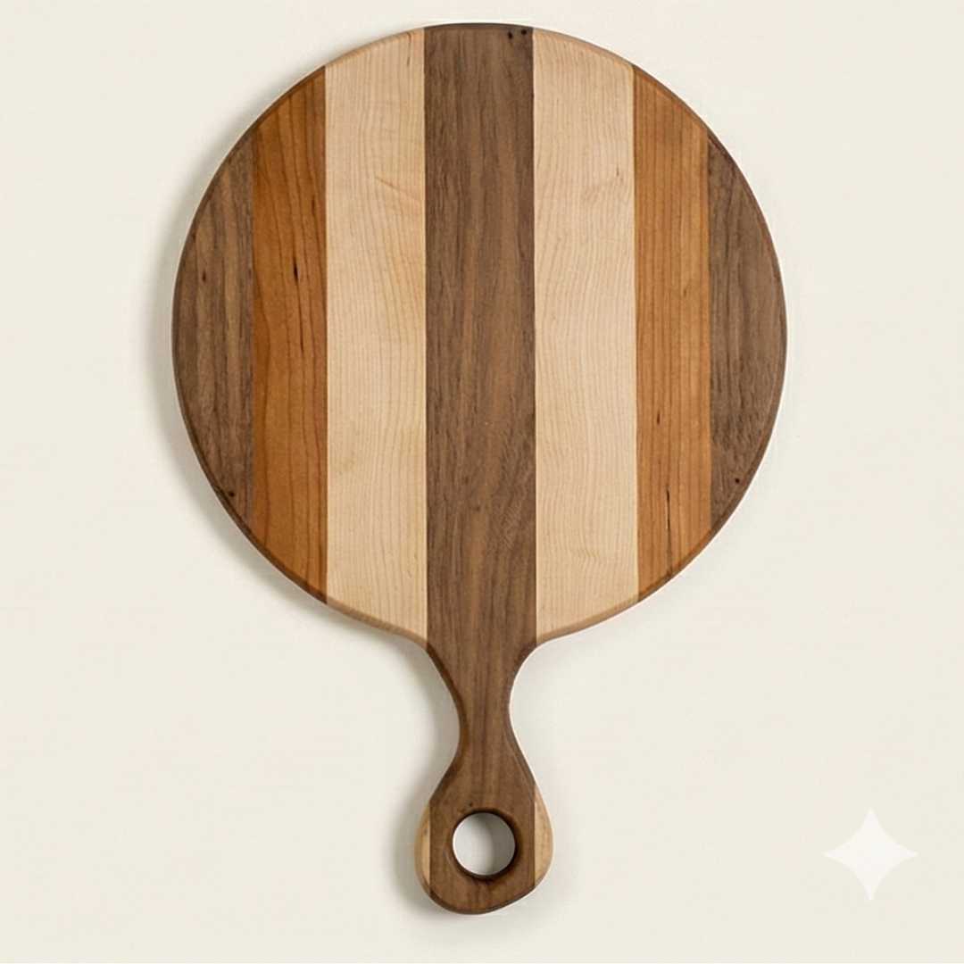 Handmade round wooden serving board with striped walnut and maple pattern and handle