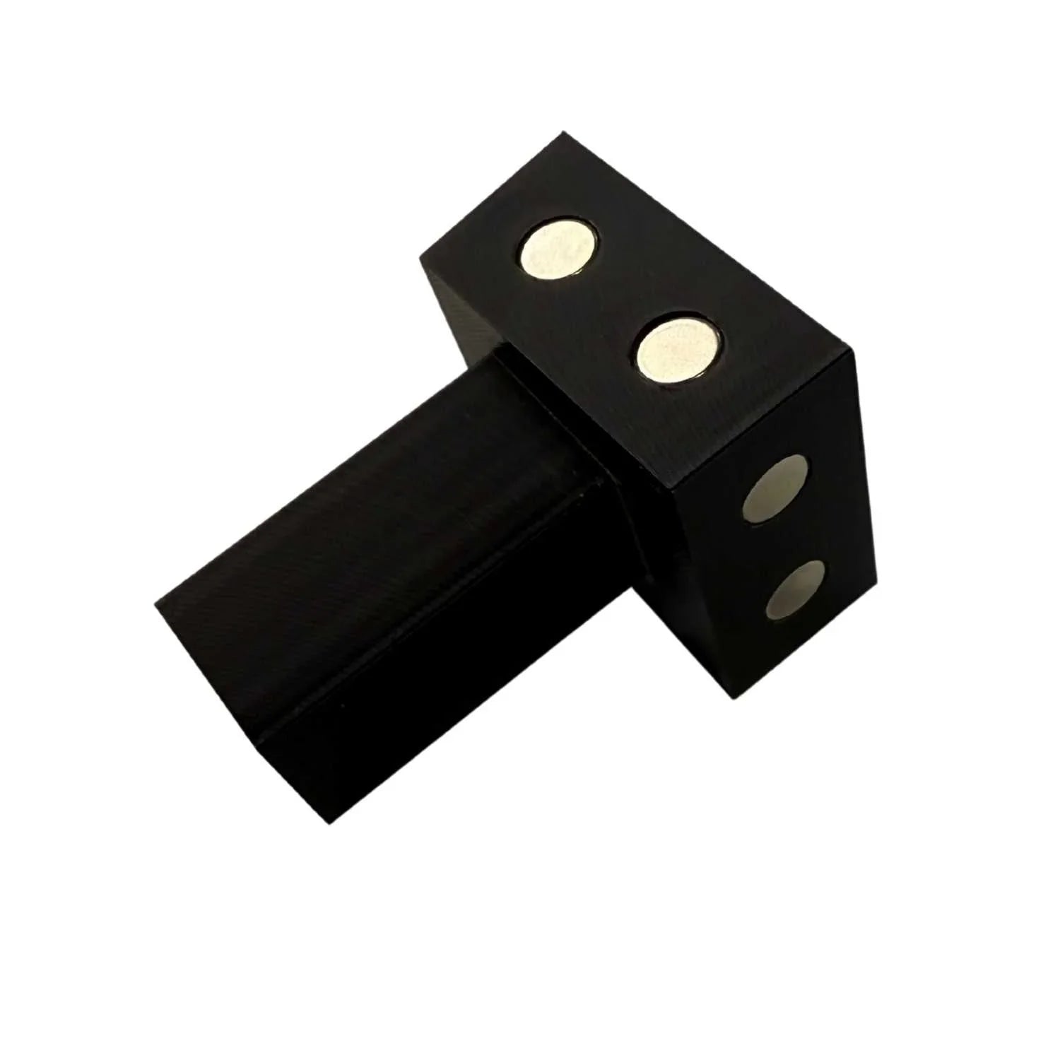 Black woodworking dovetail jig with rectangular base and circular metal magnets on the sides