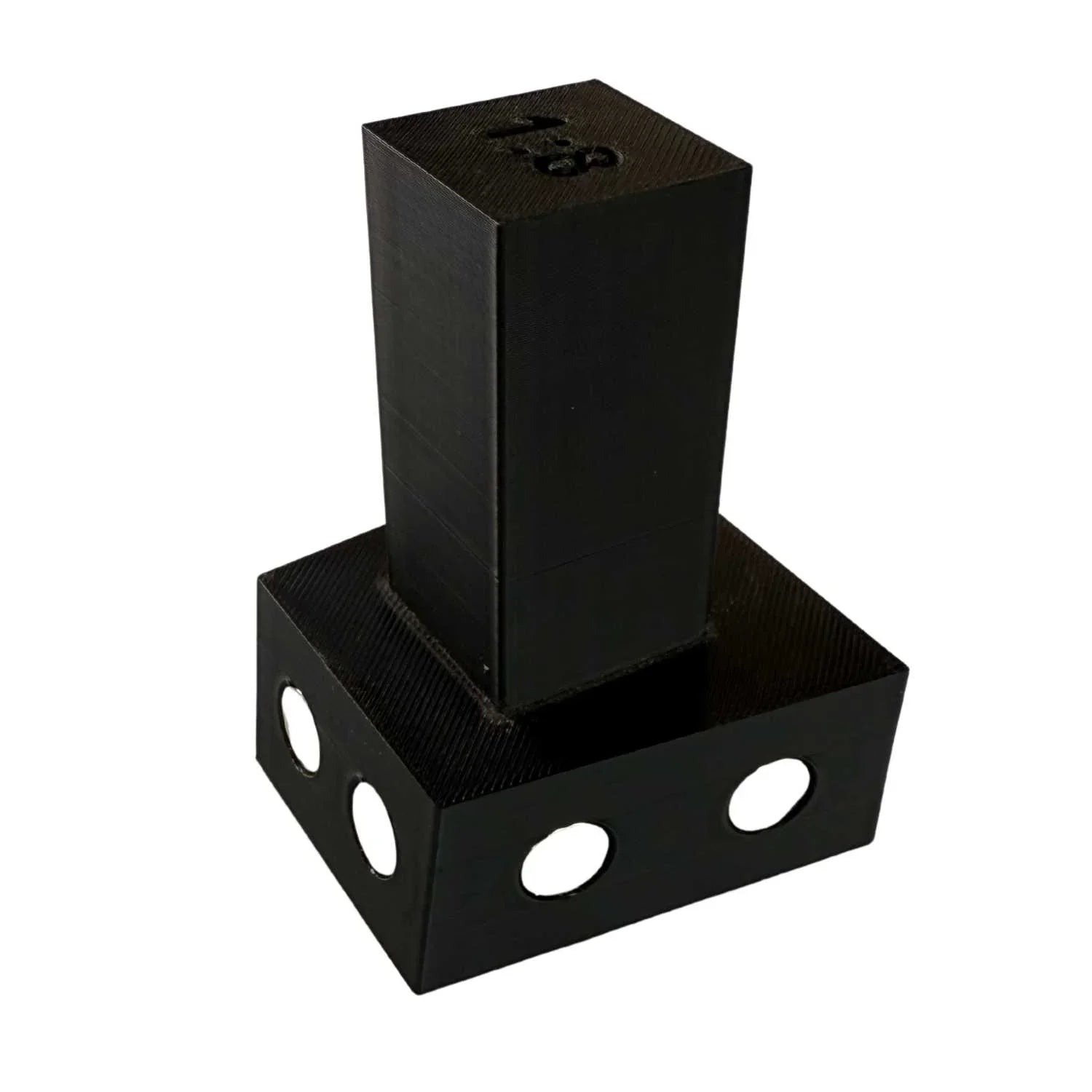 Black plastic woodworking jig component with rectangular base and vertical block, featuring four round holes