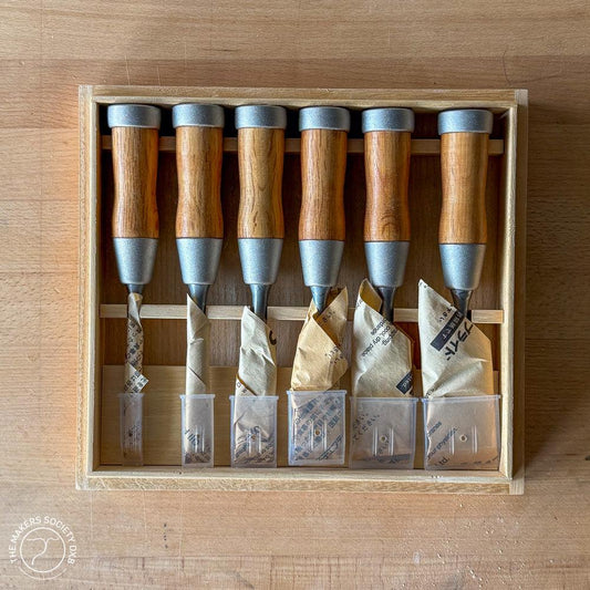 Set of six Kakuri highest grade Damascus woodworking chisels with wooden handles neatly arranged in wooden box