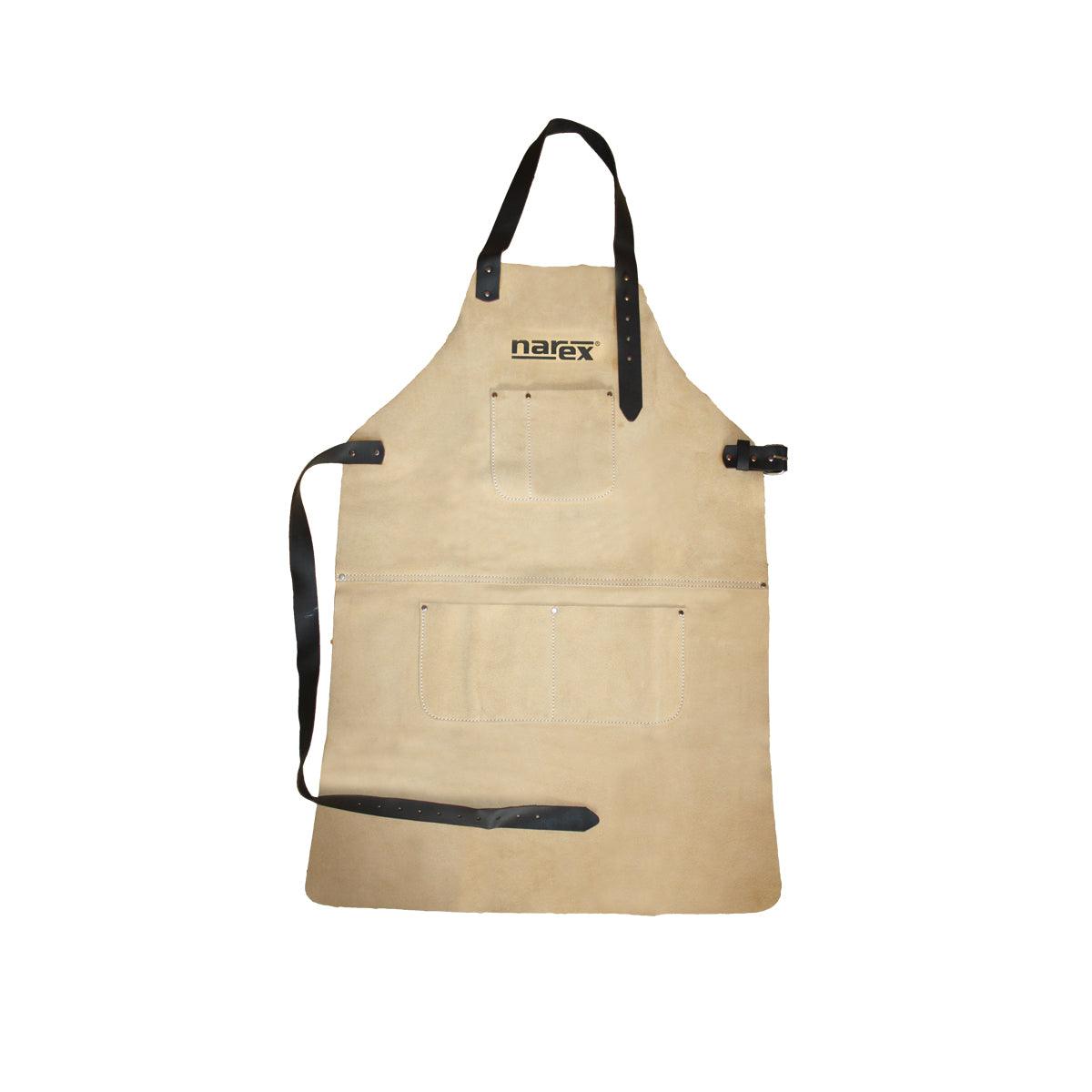 Narex leather woodworking apron with black straps and multiple pockets, beige color