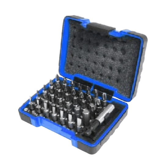 Narex large set of 1/4-inch screwdriver bits in blue and black plastic case for woodworking tools