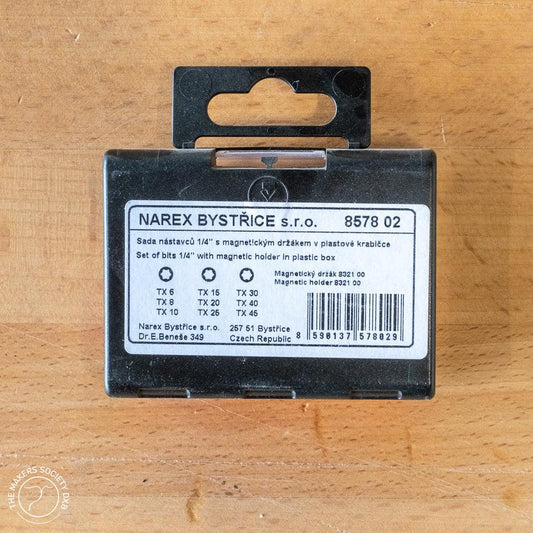Narex set of 1/4 inch bits with magnetic holder in a black plastic box for woodworking tools