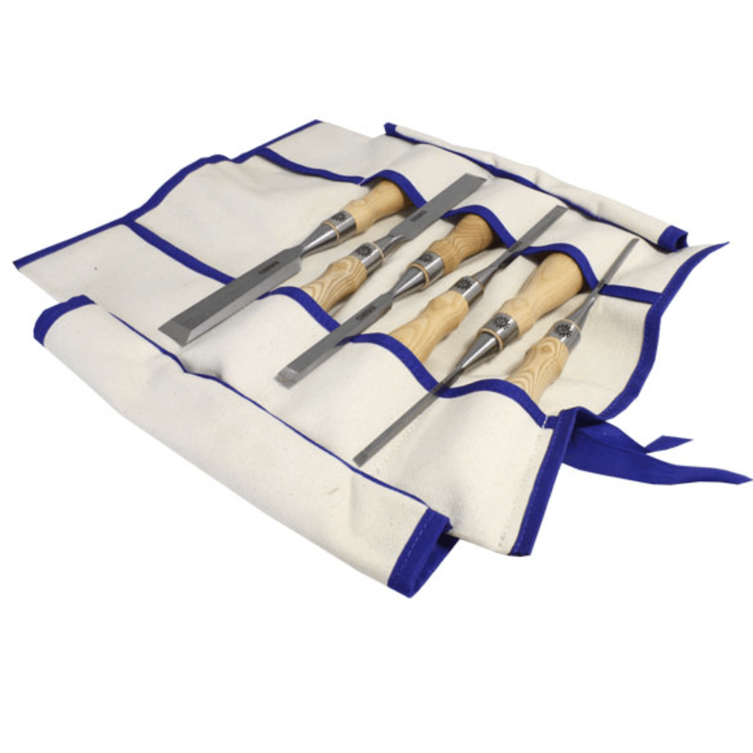 Set of five Narex bevel edge chisels with wooden handles in a canvas tool roll with blue trim
