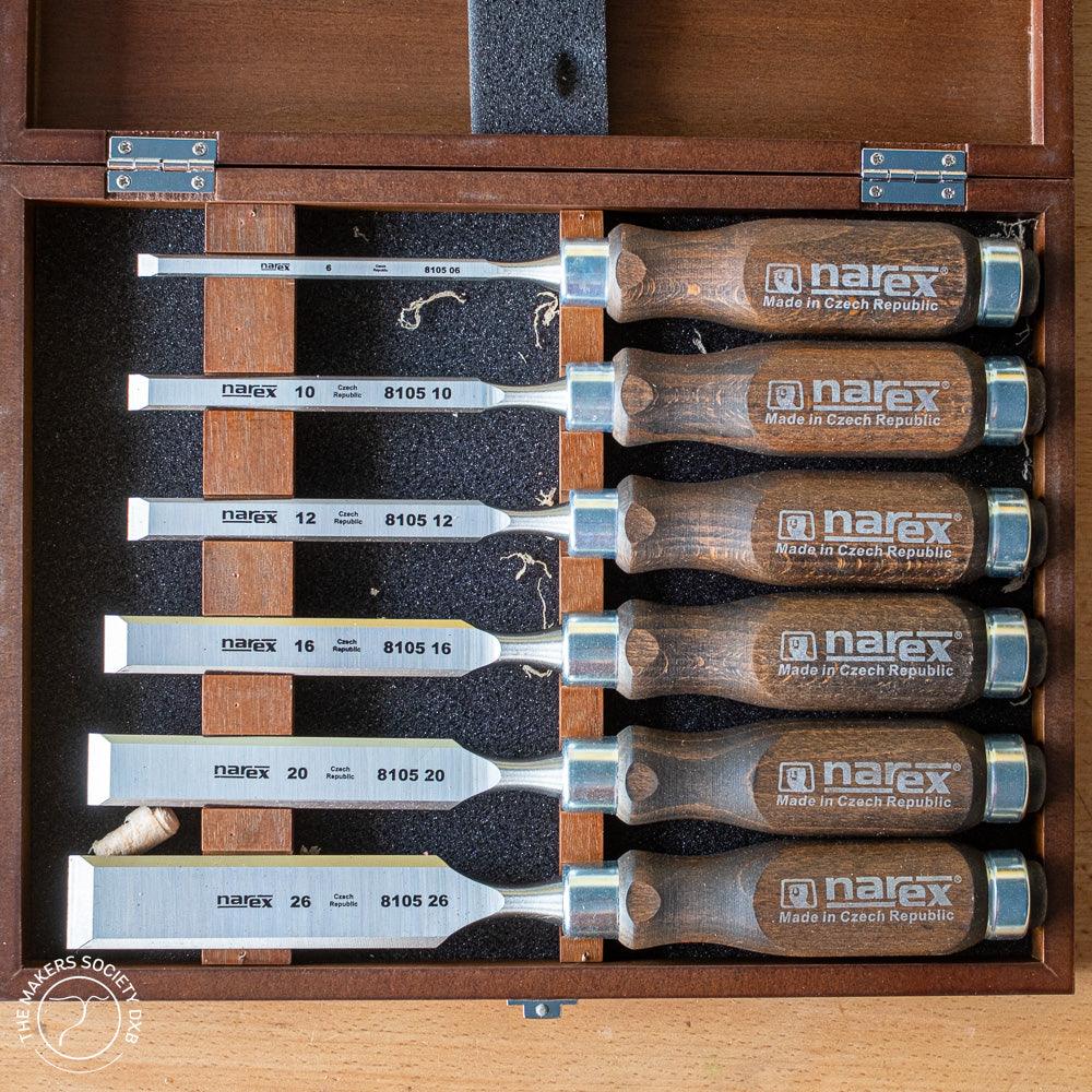 Set of six Narex bevel edge chisels with wooden handles in a wooden box, sizes 6 to 26 mm