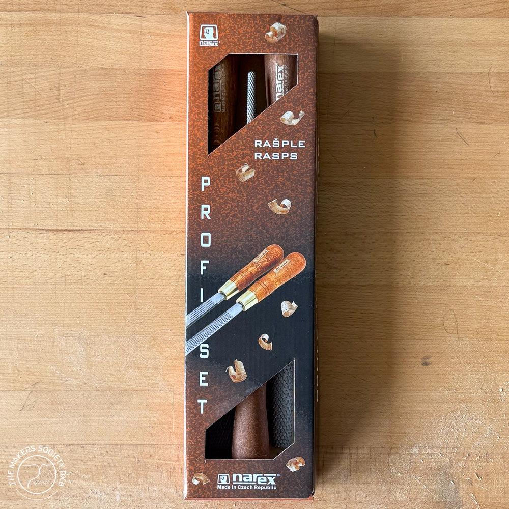 Narex set of 3 wooden handle rasps in branded box with wood shavings on wooden surface