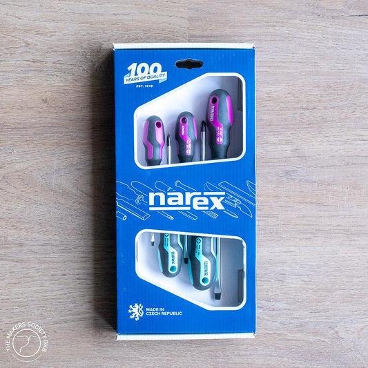 Narex screwdriver set in blue packaging with pink and teal handles, made in Czech Republic