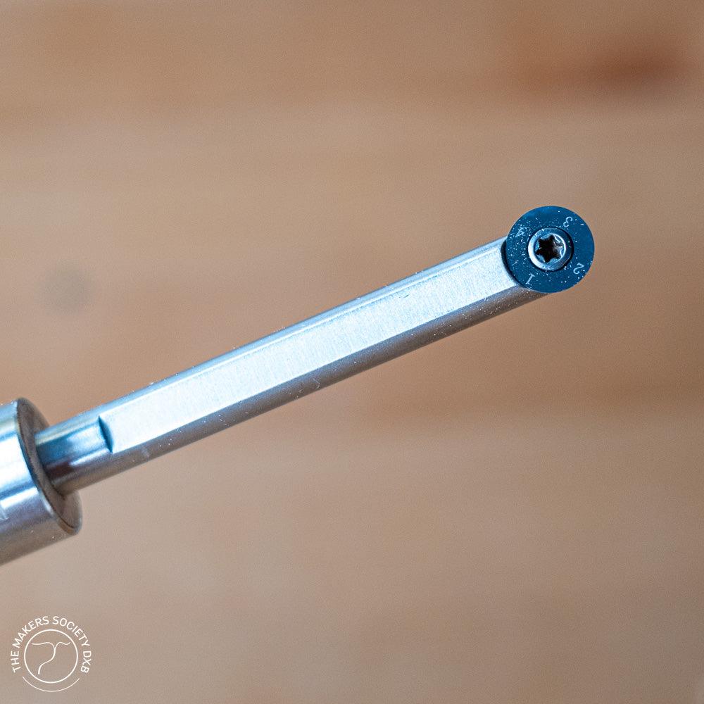 Close-up of Narex turning tool with carbide tip and numbered end, premium woodworking tool