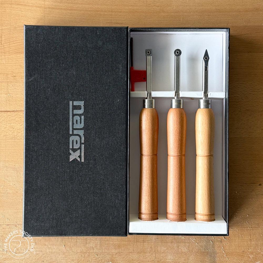 Narex set of three mini woodturning tools with wooden handles and carbide tips in a black presentation box