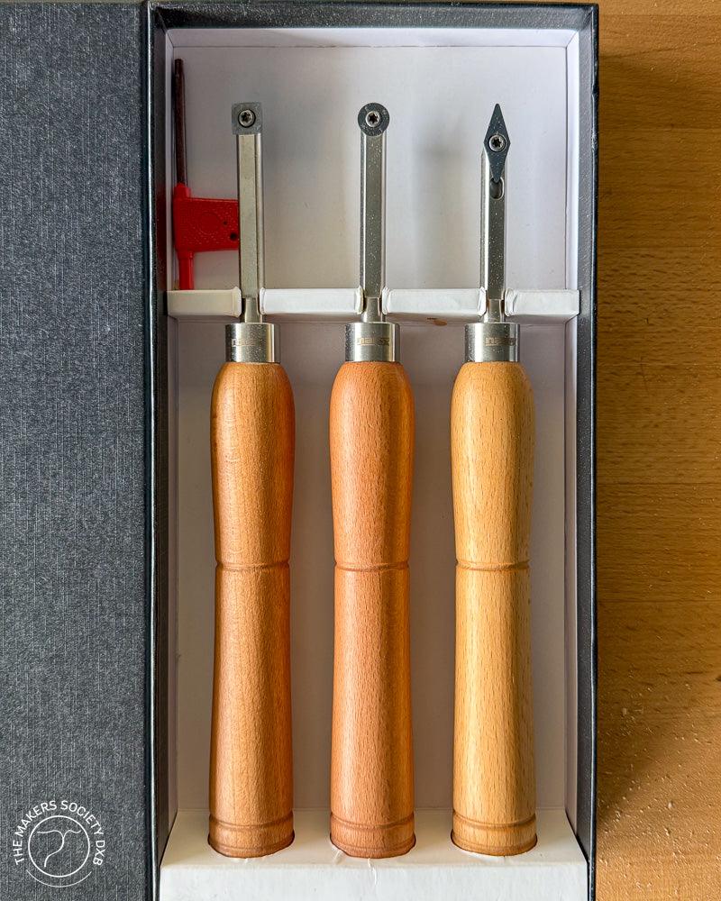 Set of three Narex mini turning tools with wooden handles and carbide tips in black box