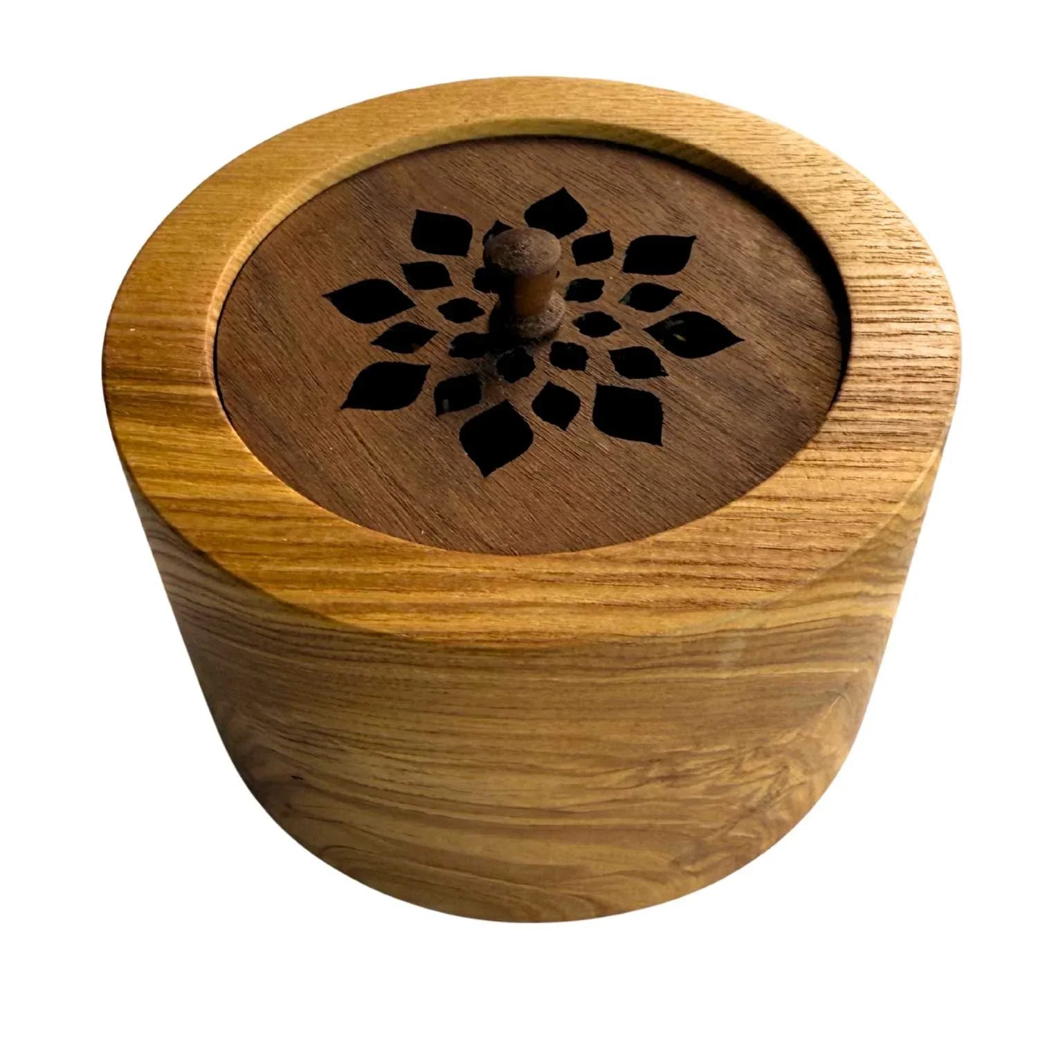Round wooden incense box with dark wood lid featuring carved floral design and central knob