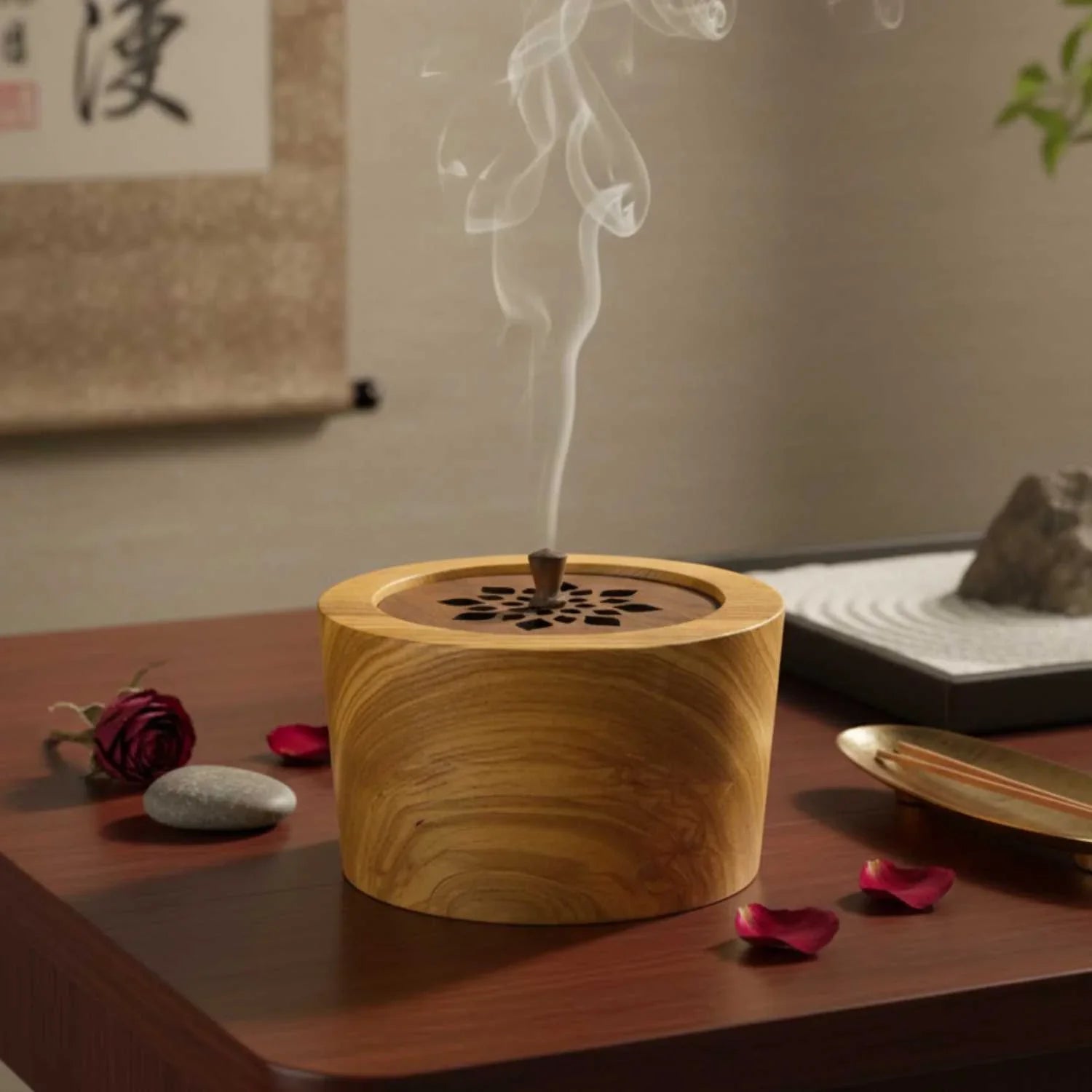 Handcrafted wooden round incense burner with lotus design lid emitting smoke on wooden table with rose petals and zen elements