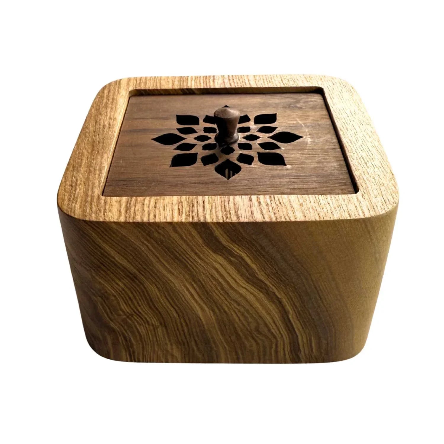 Handmade wooden incense box with carved floral pattern on sliding lid, crafted from natural wood