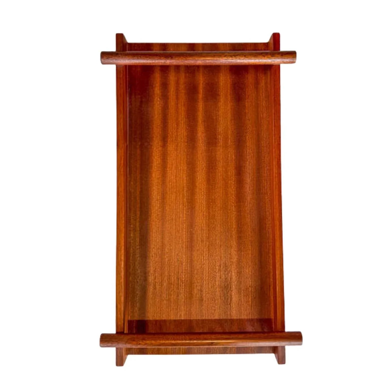 Japanese-style rectangular wooden tray with raised handles and rich brown finish