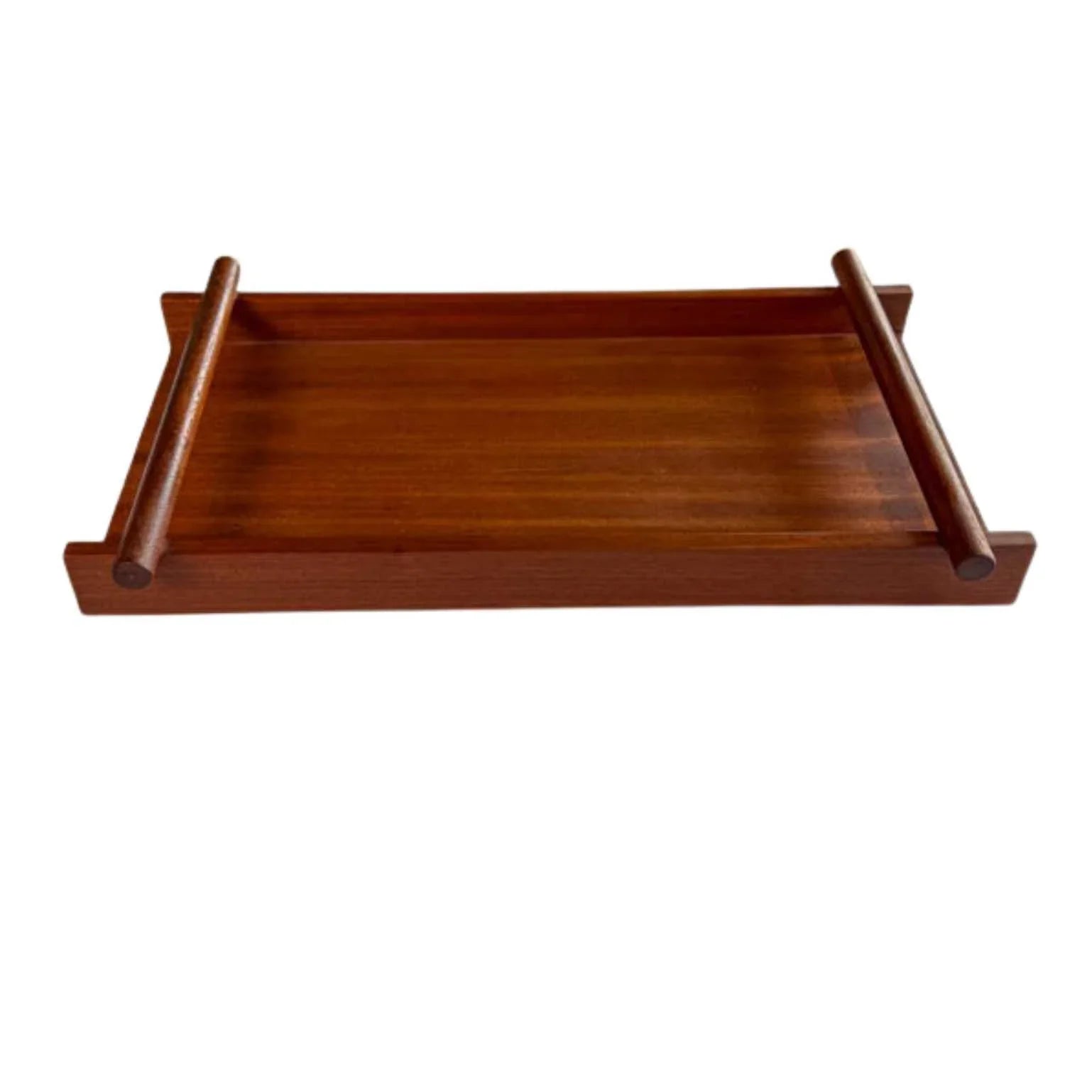 Japanese style wooden serving tray with round handles, handcrafted from rich brown wood