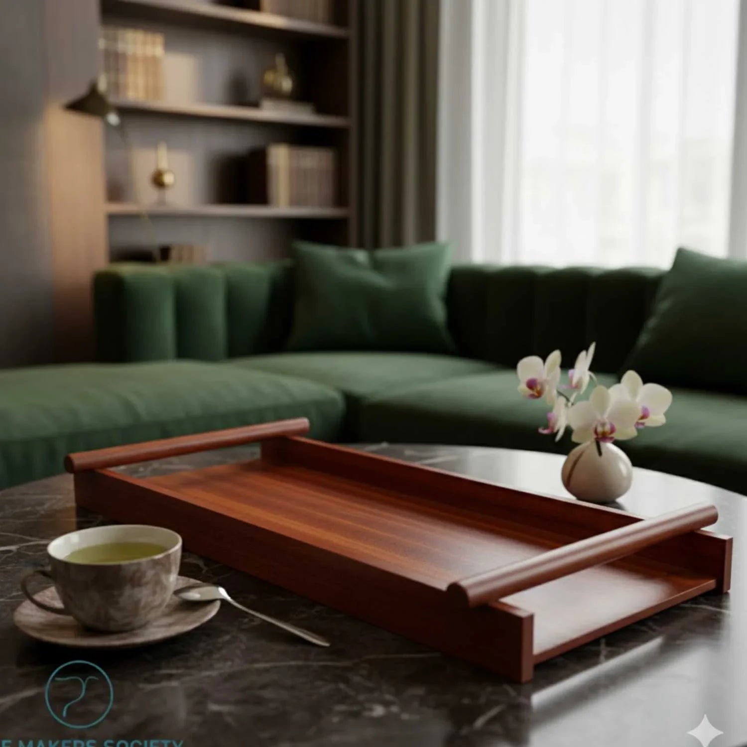 Japanese-style wooden serving tray on round table with cup of tea and orchid, green sofa background