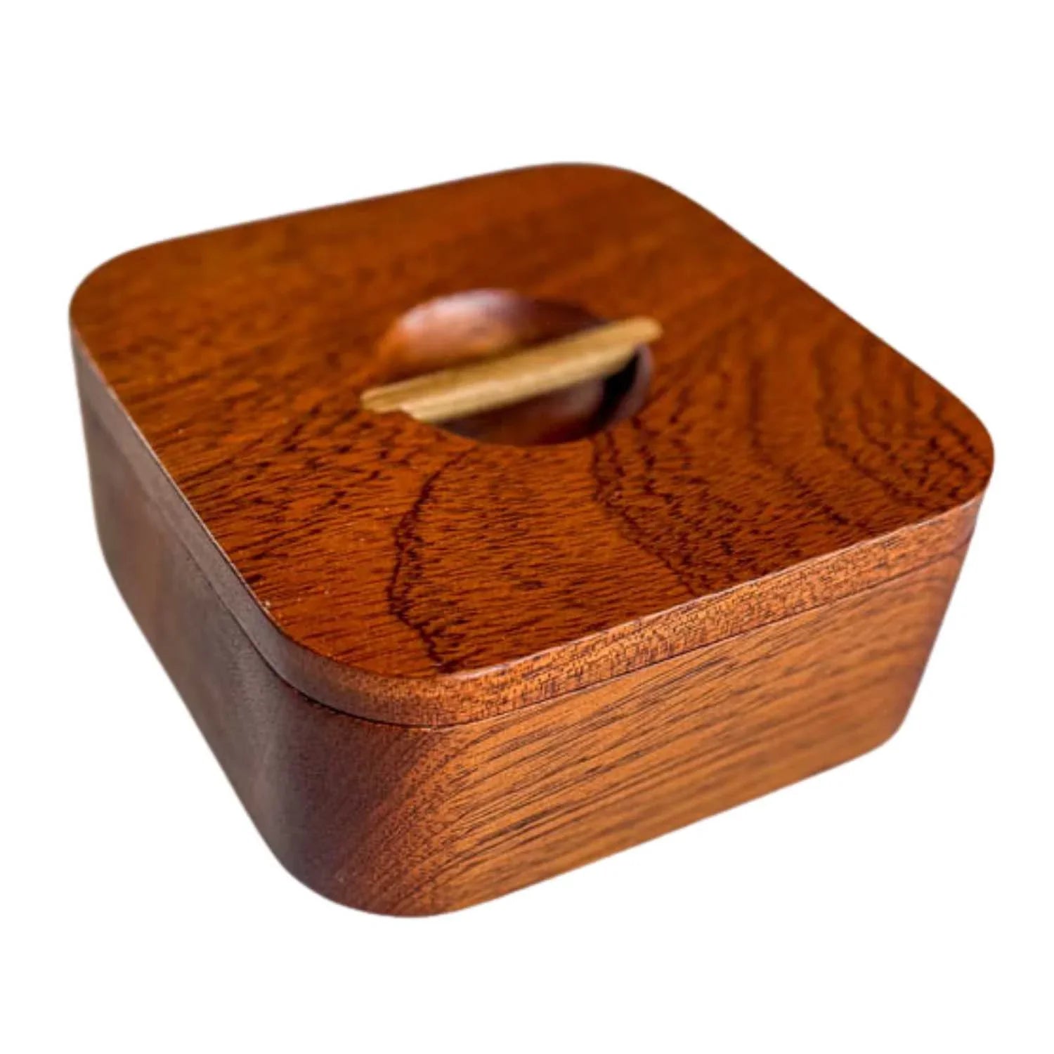 Handmade Japanese square wooden bowl with lid, crafted from rich brown wood, featuring smooth rounded corners