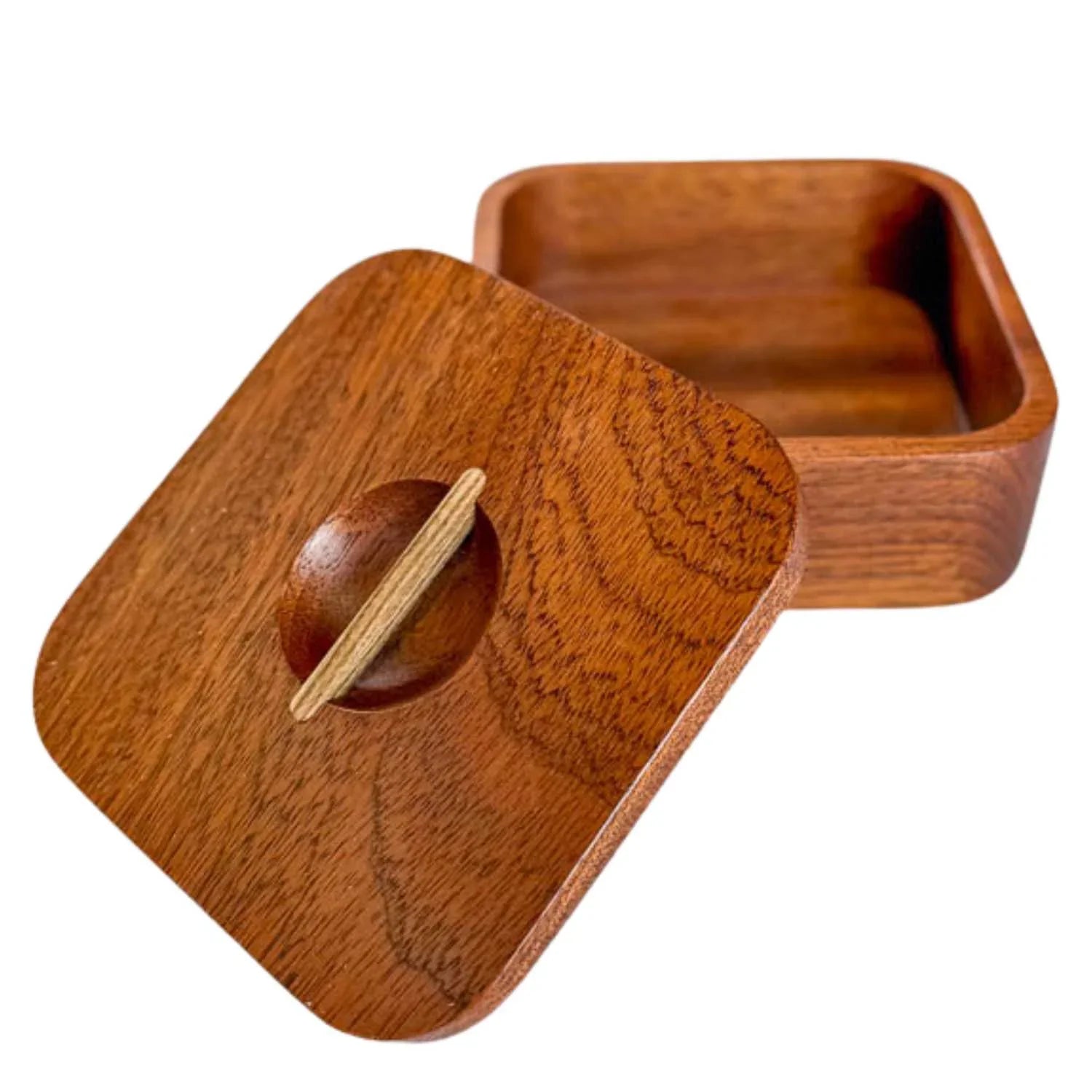 Japanese square wooden bowl with a lid, handcrafted with smooth grain texture, natural wood finish