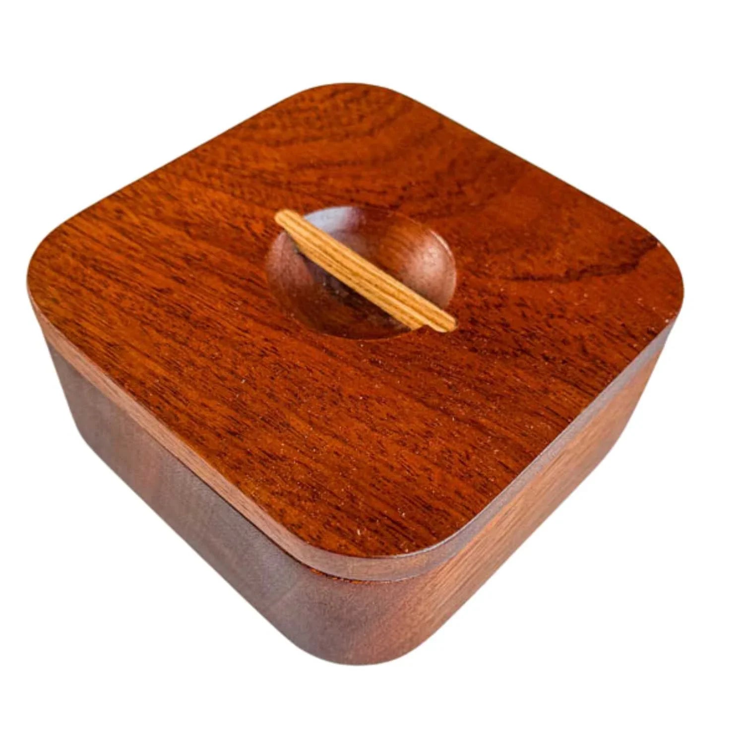 Japanese square wooden bowl with lid featuring smooth grain and round handle