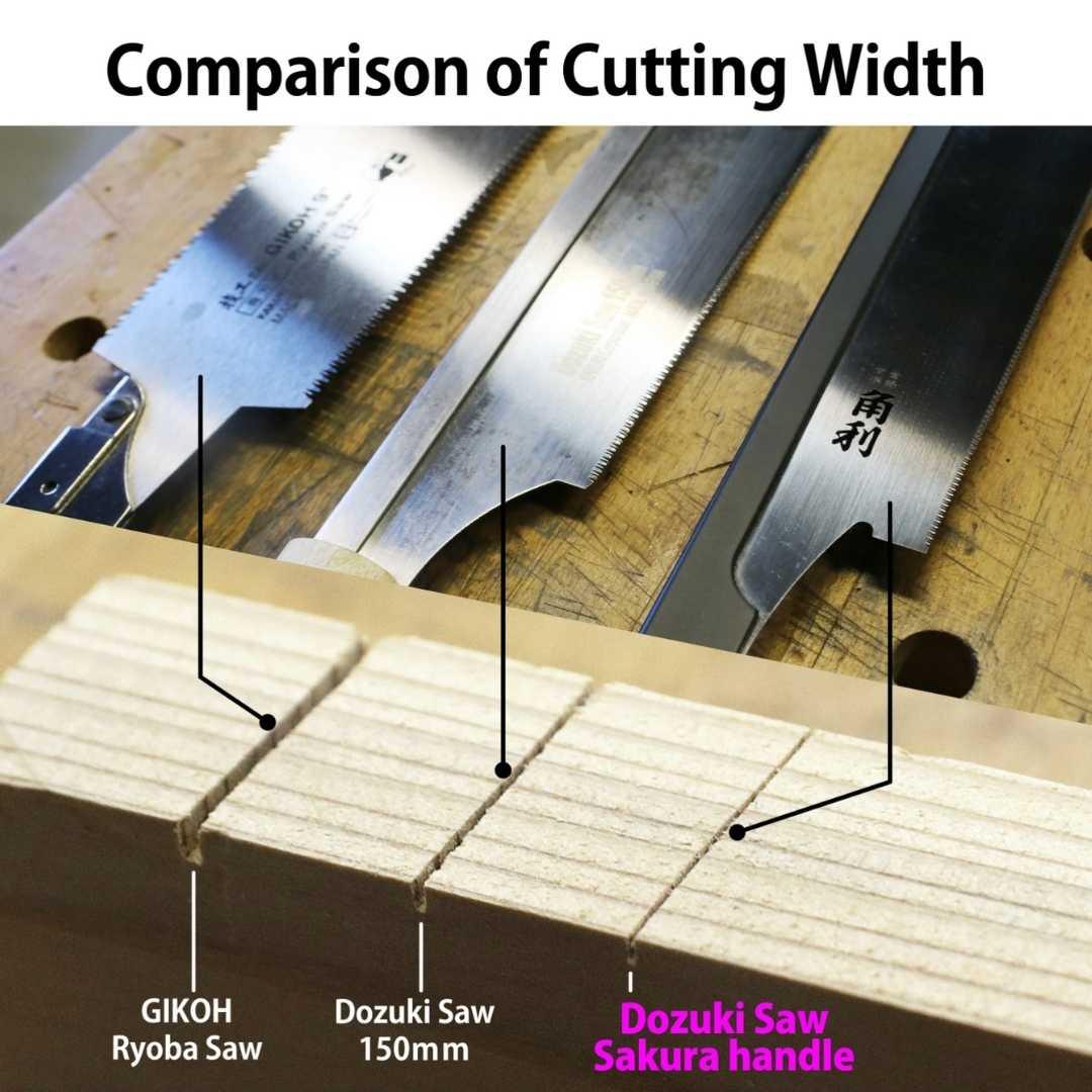 Comparison of cutting widths on wood using GIKOH Ryoba saw, Dozuki saw 150mm, and Dozuki saw with Sakura handle on wooden workbench