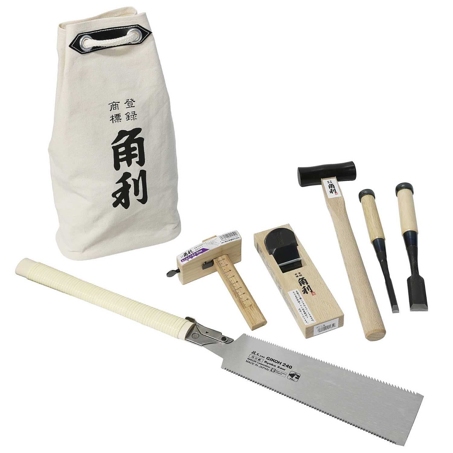 Kakuri 7-piece beginner woodworking tool set with canvas bag, 240mm Ryoba saw, 42mm hand plane, marking gauge, 375g Genno hammer, and two Oire Nomi chisels.