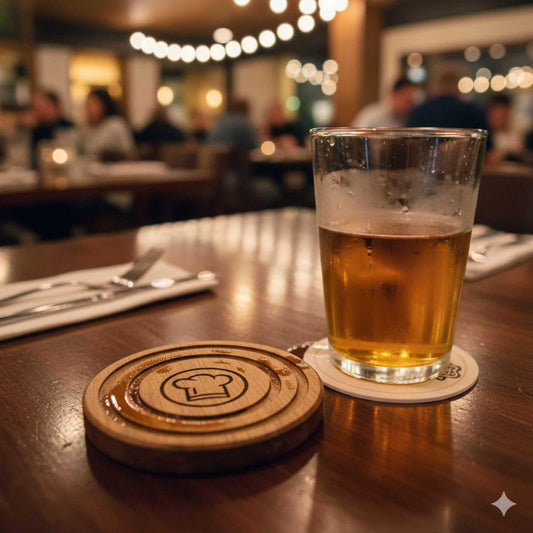 Wooden round coaster with chef hat logo next to a glass of beer on a restaurant table
