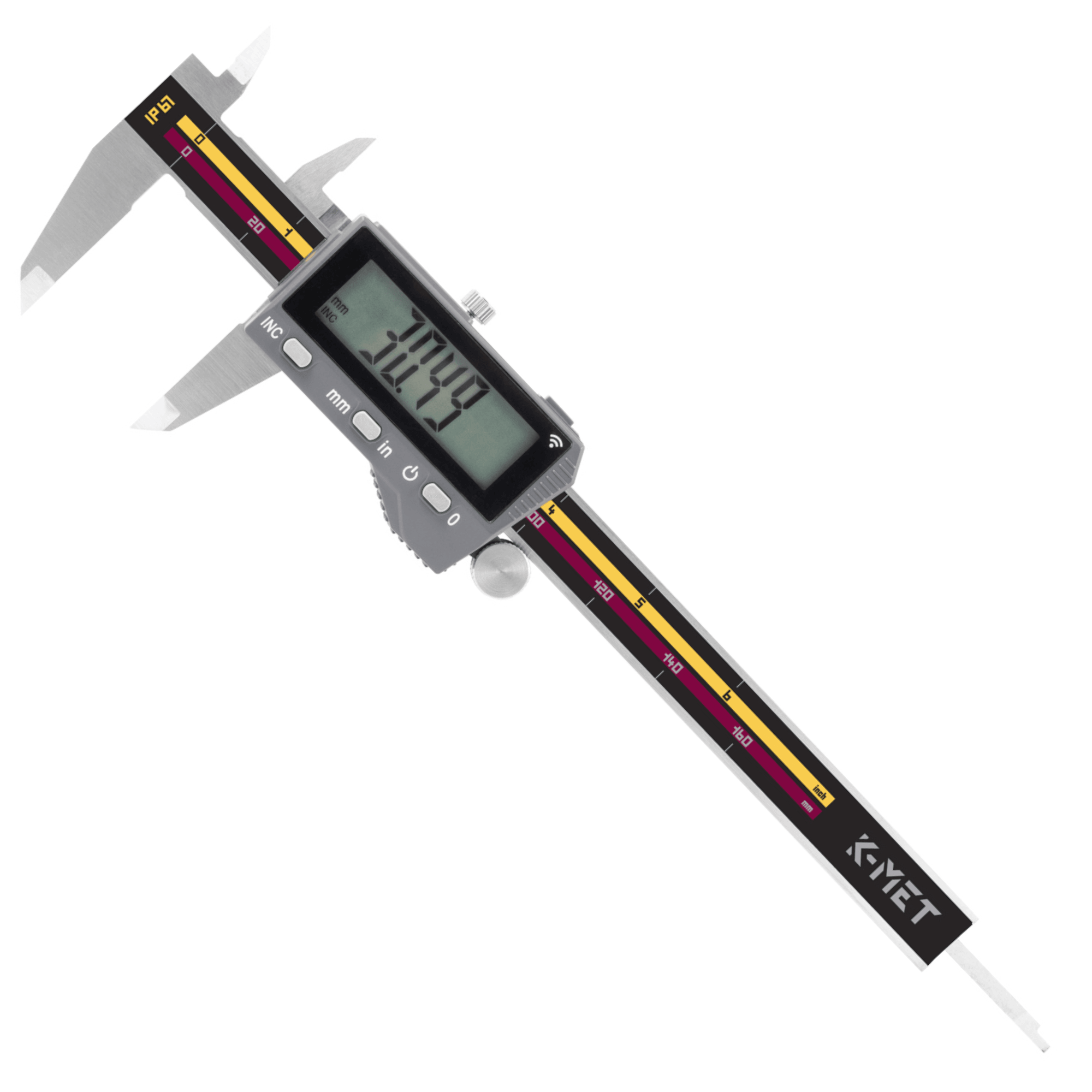 Kmet digital caliper with IP67 waterproof rating and Bluetooth, measuring 30.49 mm on LCD screen