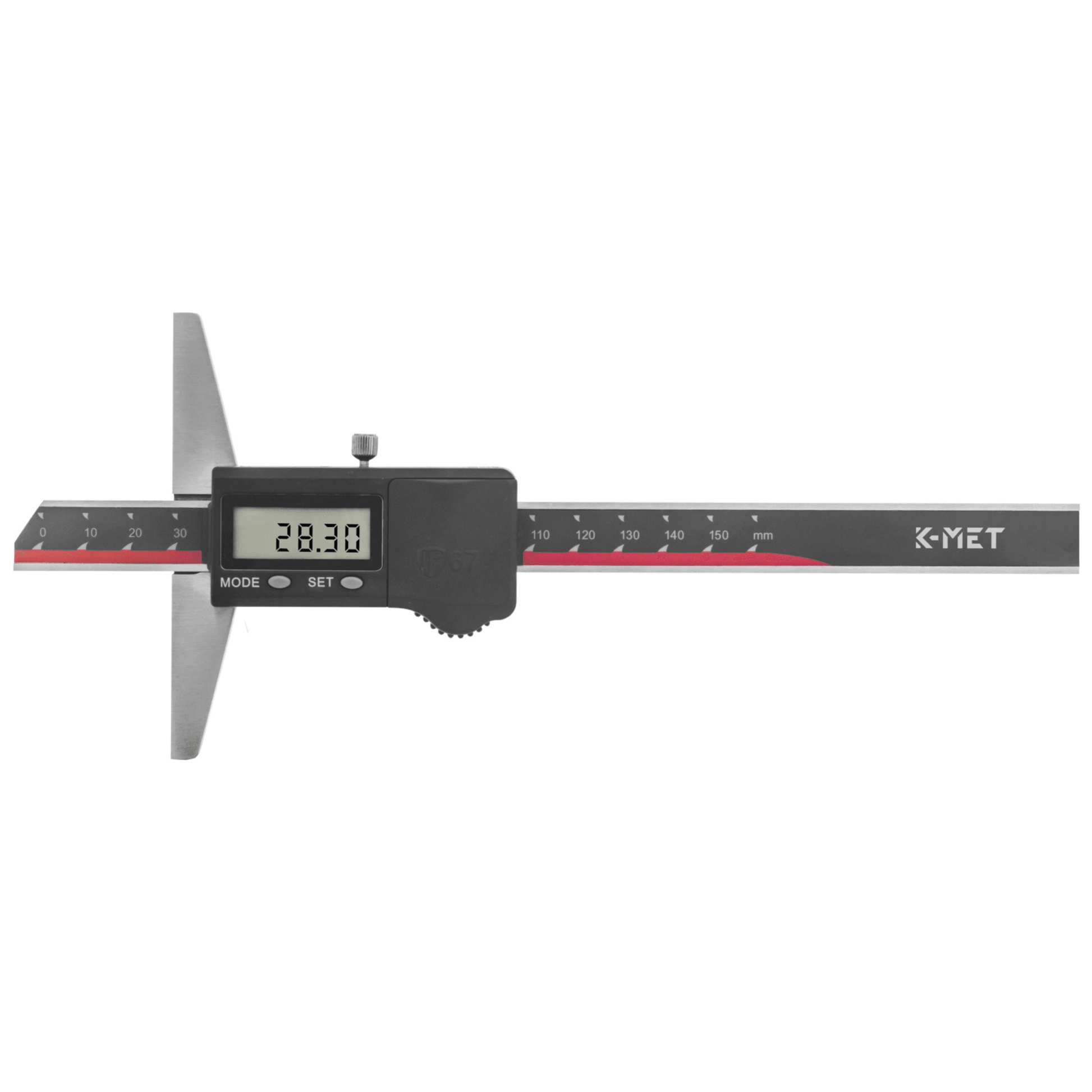 K-MET digital depth caliper showing measurement 28.30mm, precision woodworking tool