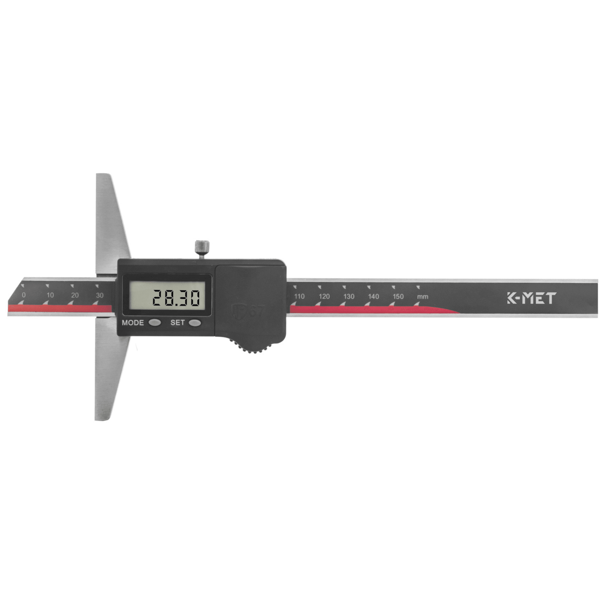 K-MET digital depth caliper showing measurement 28.30mm, precision woodworking tool