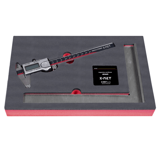 Precision digital caliper in foam case with K-MET inspection certificate for measuring tools