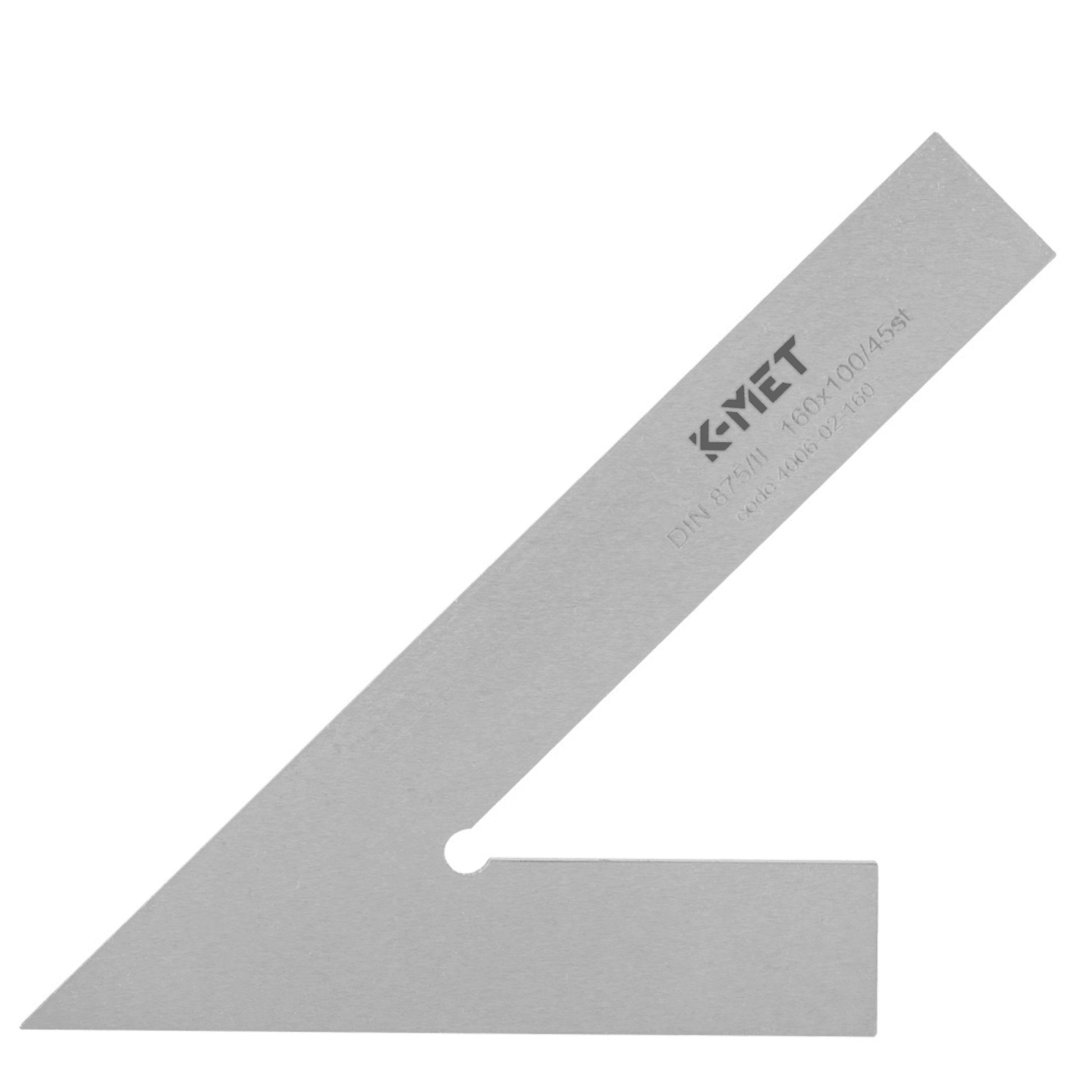 K-MET metal try square 45-degree woodworking tool with inscribed measurements
