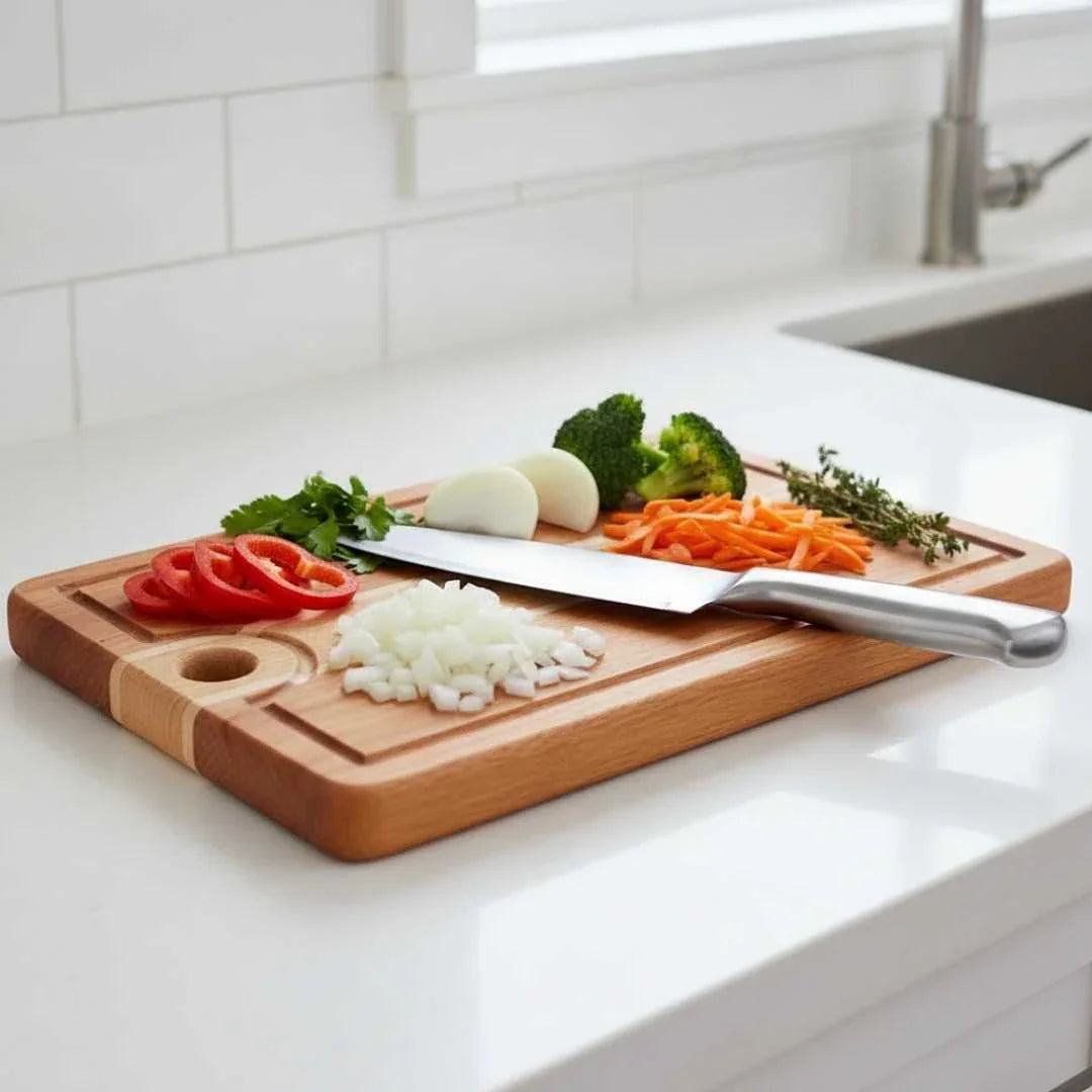 Maple and cherry ash wooden kitchen serving board with chopped vegetables and stainless steel knife on white countertop