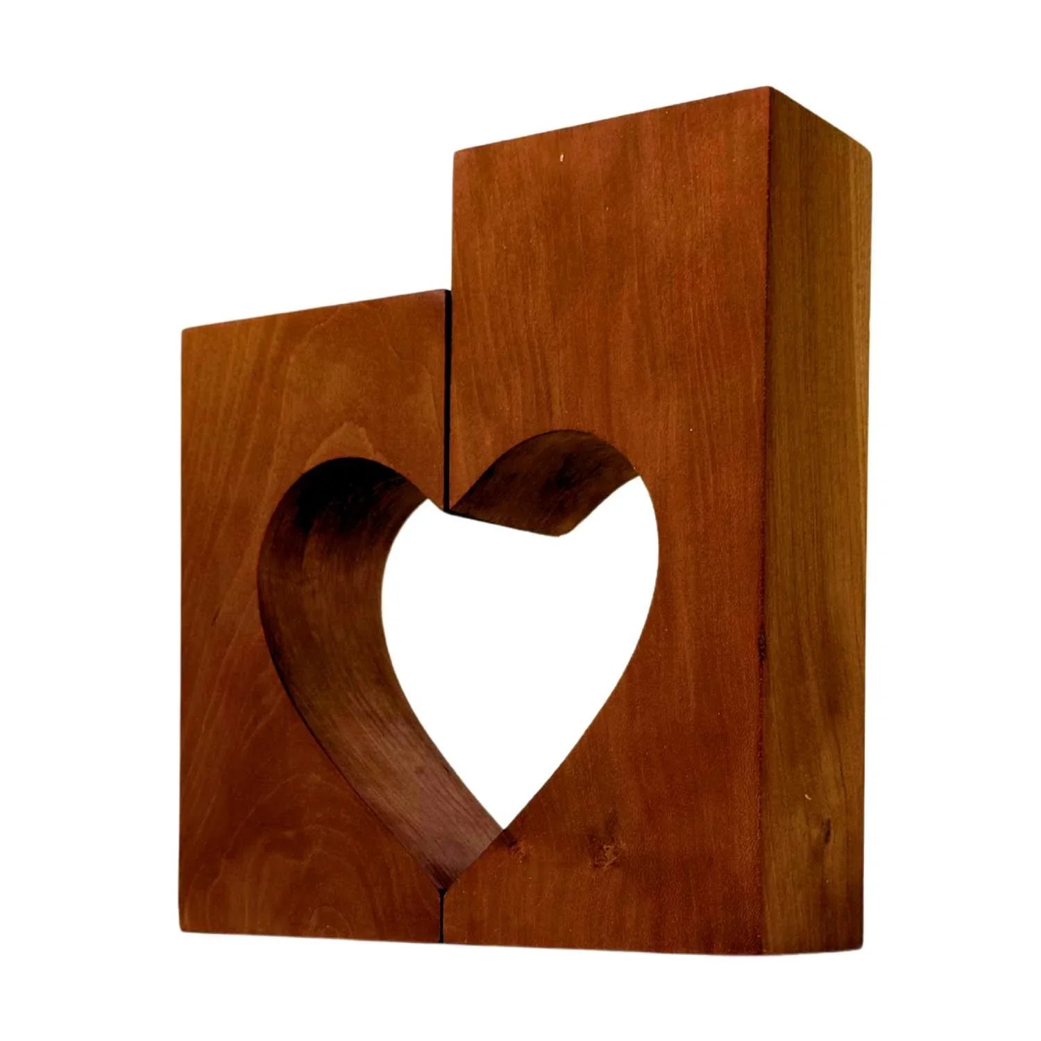 Handmade wooden bookends carved with a central heart-shaped cutout, polished finish