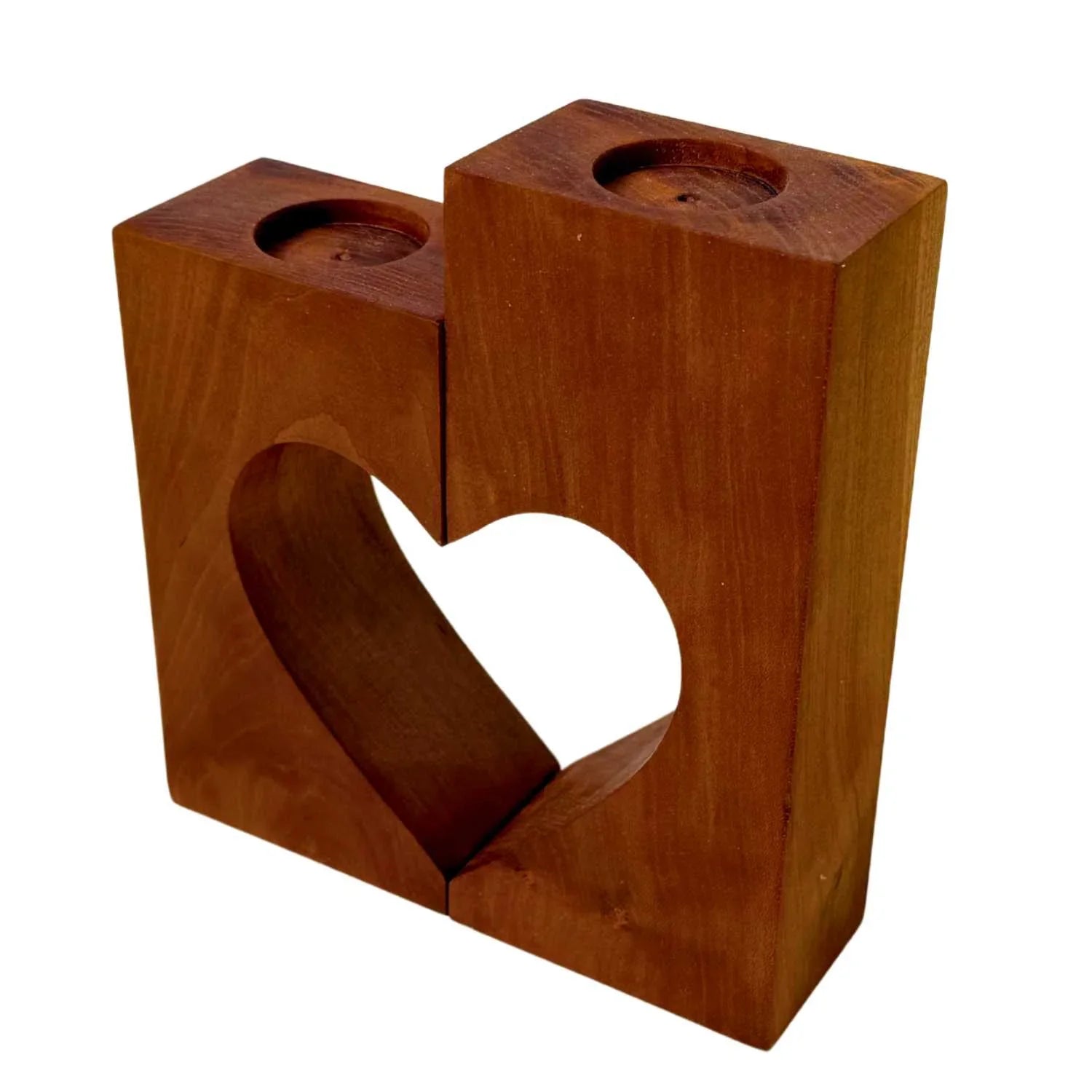 Handmade wooden candle holder set with interlocking heart design, polished finish