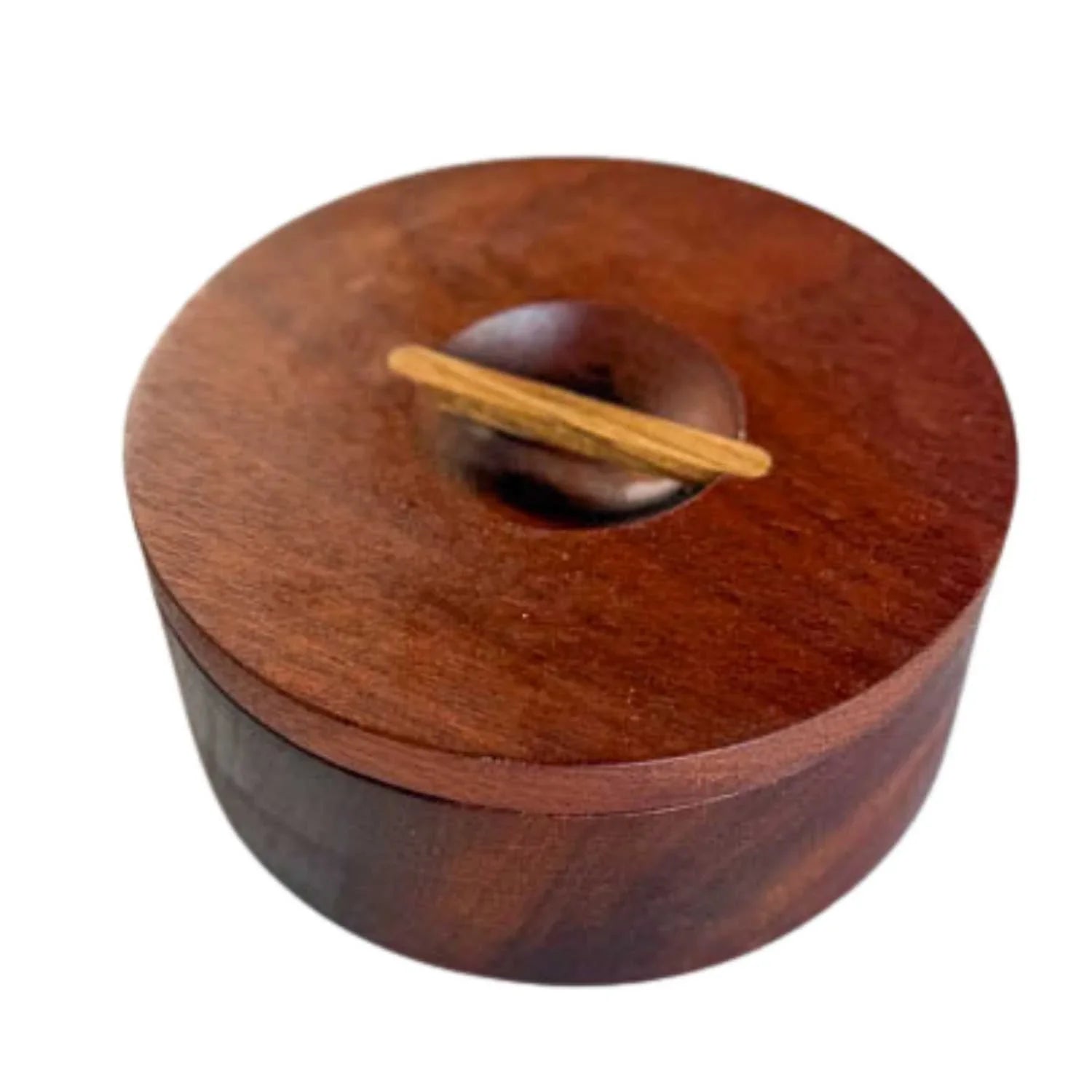 Round Japanese-style wooden box with a smooth finish and integrated wooden handle on lid