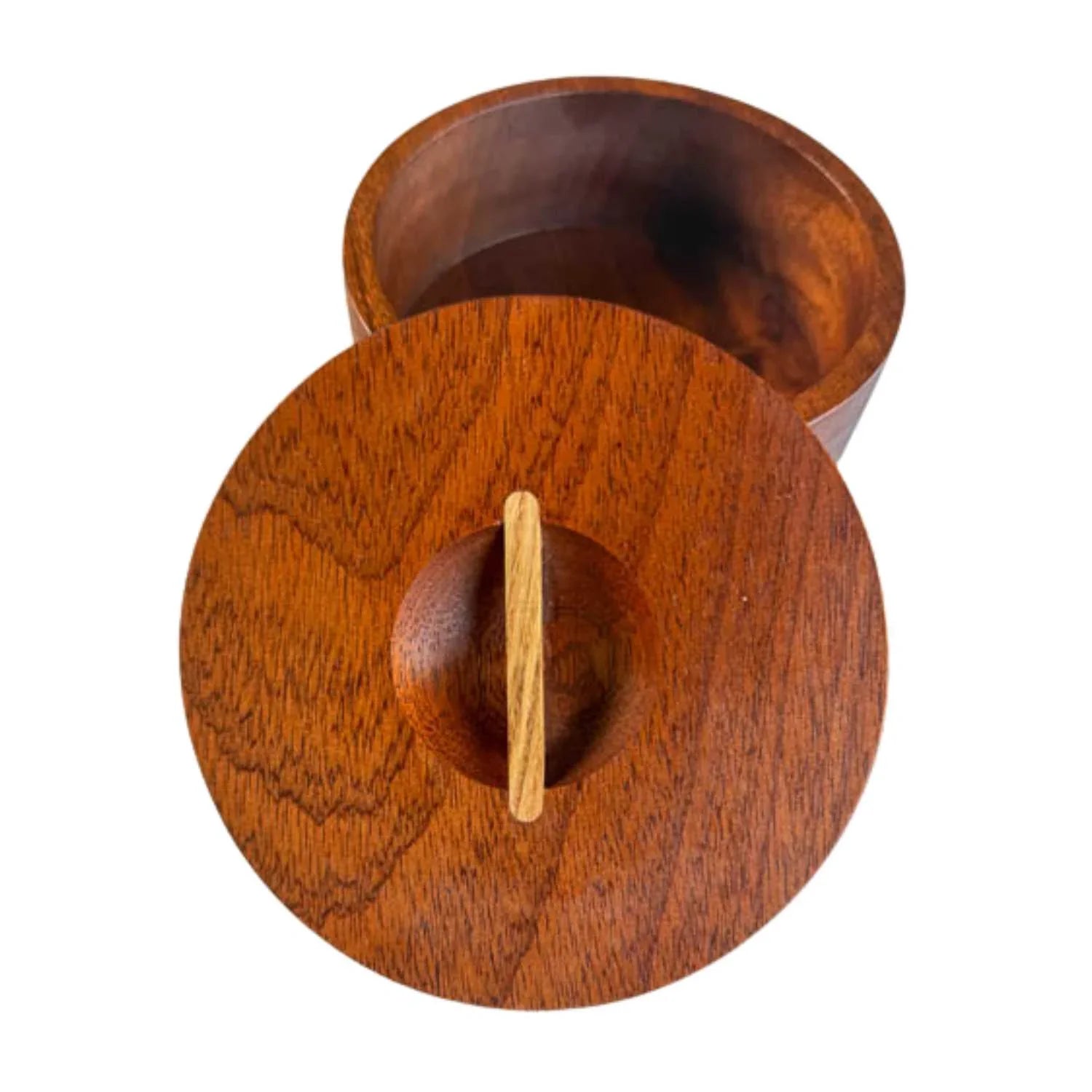 Round Japanese-style wooden box with lid made from polished wood, handcrafted home goods