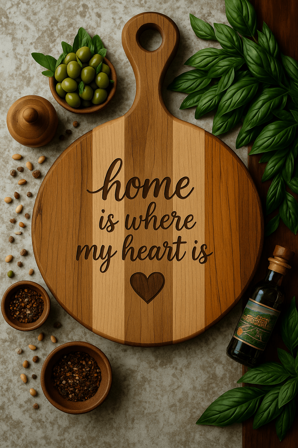 Artisan striped round wooden cutting board with handle engraved with 'home is where my heart is', surrounded by basil leaves, green olives, spices, and olive oil bottle