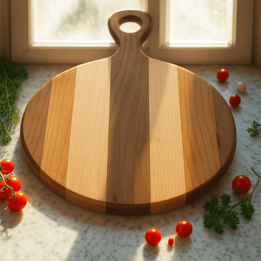 Artisan round wooden cutting board with handle, featuring striped light and dark wood, on marble countertop with cherry tomatoes and herbs