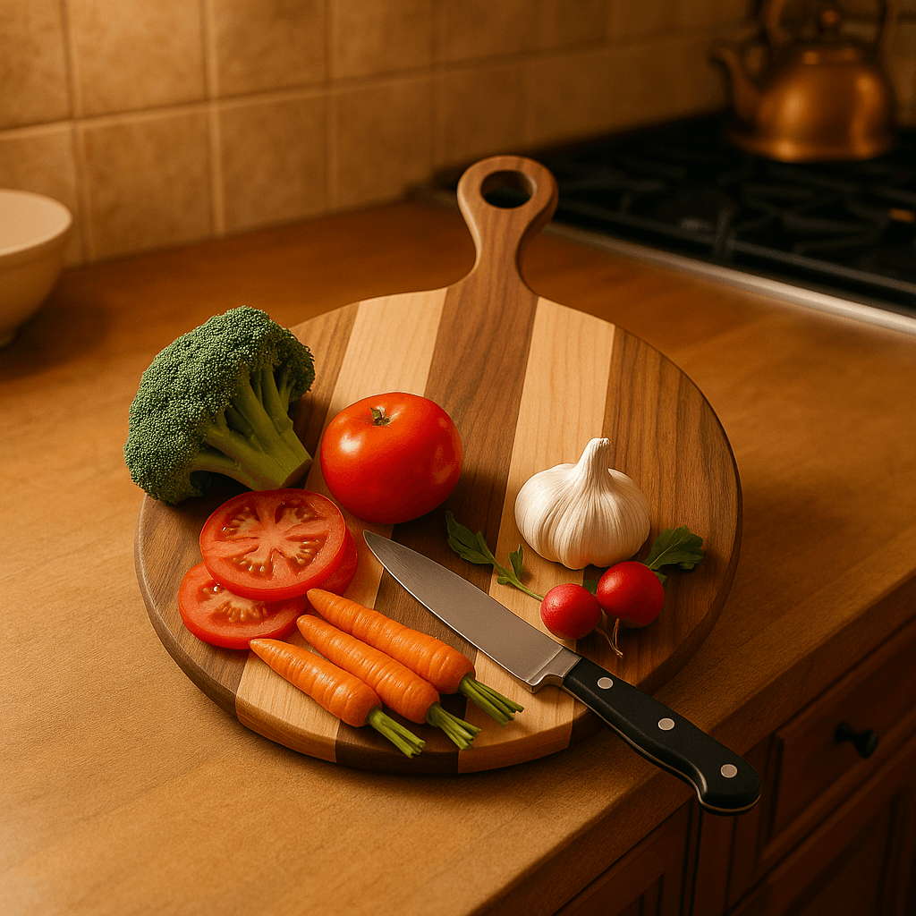 Artisan striped round wooden chopping board with handle on kitchen counter, holding fresh vegetables and a knife