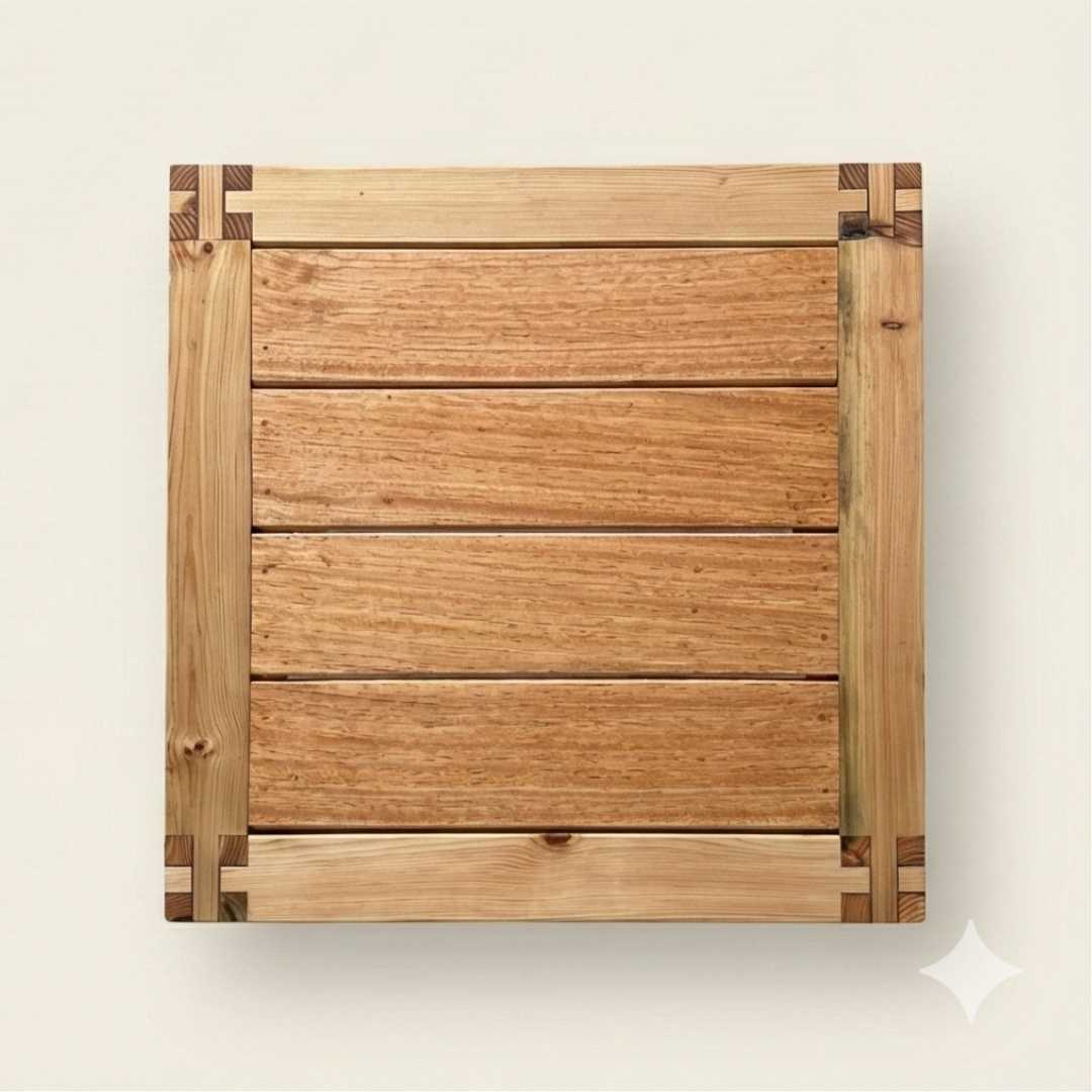 Wooden cutting board with a checkered edge on a white background