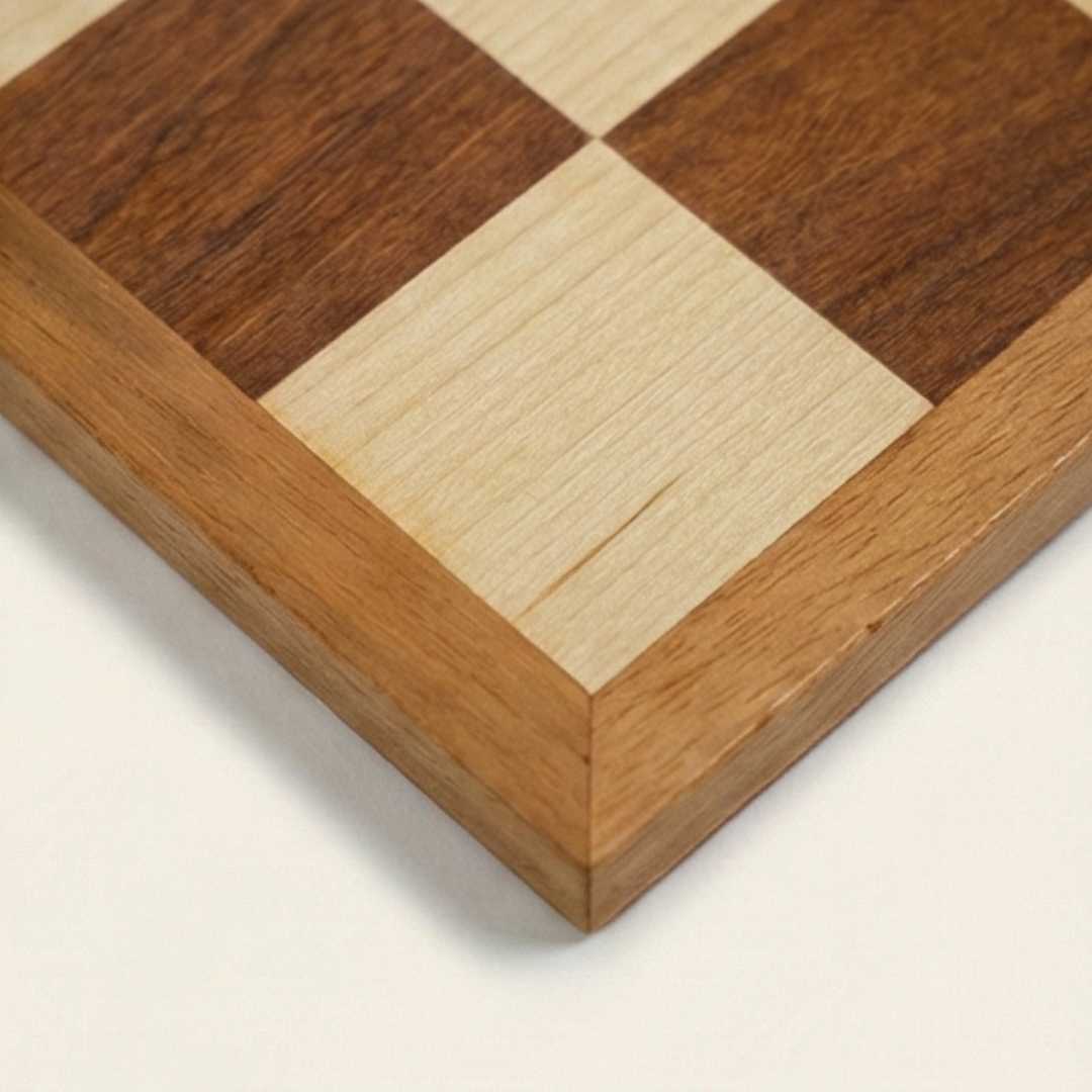 Close-up of a wooden chessboard with checkered pattern