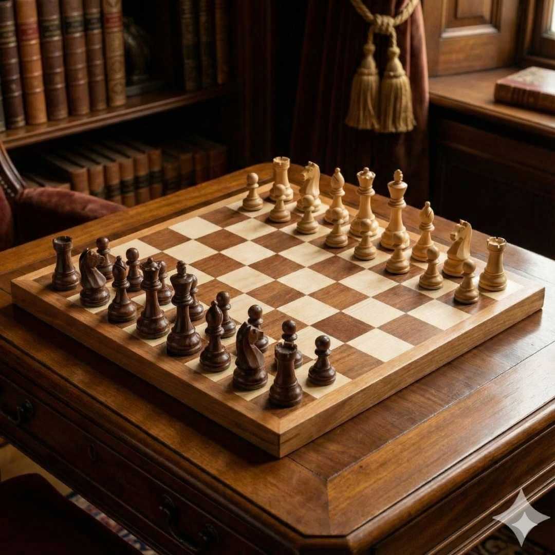 Wooden chessboard with chess pieces on a wooden table in a room with bookshelves.